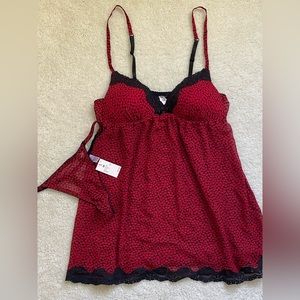 Gilligan & O'Malley Black with Red Hearts Babydoll Nightie and Thong NWT  Size M